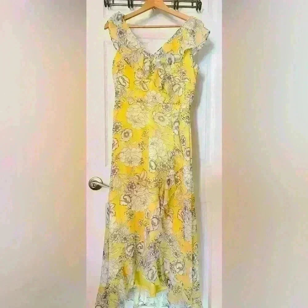 London Times Floral Yellow Sleeveless Faux Wrap Dress, size 8